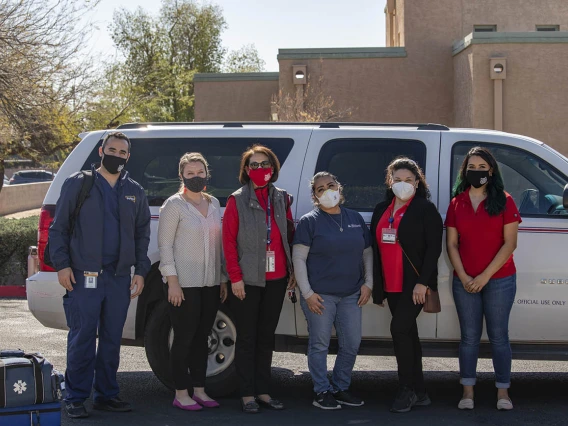 The Primary Prevention Mobile Health Unit from the Mel and Enid Zuckerman College of Public Health in Phoenix after piloting a vaccination program at El Mirage Senior Village in El Mirage, Arizona. Left to right: Jeffery Hanna; Maricopa County Department of Public Health liaison Mackenzie Tewell; Associate Dean of Community Engagement and Outreach – Phoenix Programs Cecilia Rosales, MD; Alma Ramirez; Maria Jaime; and Maryell Martinez.