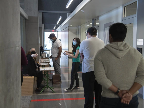 Second-year UArizona College of Medicine – Tucson students check in for their N95 mask fitting inside the Health Sciences Innovation Building. The students will soon begin clinical rotations in hospitals, possibly working directly with COVID-19 patients.