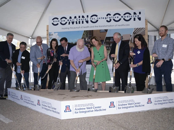 Preparing for the ceremonial ground breaking of the Andrew Weil Center for Integrative Medicine are (from left) Peter Dourlein, UArizona assistant vice president, Planning Design and Construction; Henry Tom, Line and Space architects; JP Roczniak, president and CEO of the UArizona Foundation; Lisa Rulney, senior vice president for Business Affairs and CFO; Michael Abecassis, MD, dean of the College of Medicine – Tucson; Andrew Weil, MD, founder of the Weil Center; Victoria Maizes, MD, executive director of 