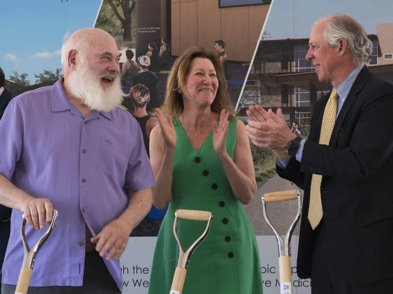 (From left) Andrew Weil, MD, Victoria Maizes, MD, and UArizona President Robert C. Robbins, MD, celebrate after breaking ground for the Andrew Weil Center for Integrative Medicine on the University of Arizona Health Sciences campus in Tucson.