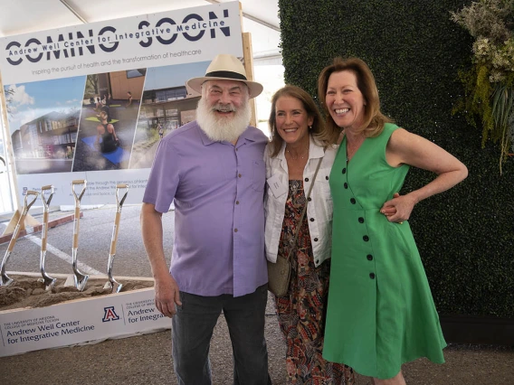 (From left) Andrew Weil, MD, Karin Malkin and Victoria Maizes, MD, pose for a photo after the groundbreaking ceremony for the Andrew Weil Center for Integrative Medicine on the University of Arizona Health Sciences campus in Tucson.