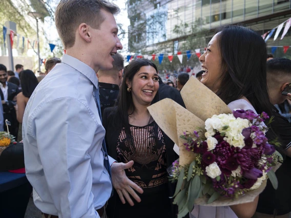 Classmates (from left) Alec Smith, Nour Bundogji and Keni Lin congratulate each other after their matches during the UArizona College of Medicine – Phoenix Match Day 2022 event.