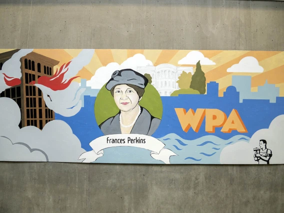 Frances Perkins (1880-1965) — Frances Perkins was a workers-rights advocate appointed by President Franklin Delano Roosevelt to serve as the U.S. Secretary of Labor from 1933-1945. She helped institute the shorter work week, the establishment of a minimum wage, the prohibition of child labor, workplace safety codes and social security. (Acrylics on plaster and wood, by Suzanne Whitaker and Lainey Prather)