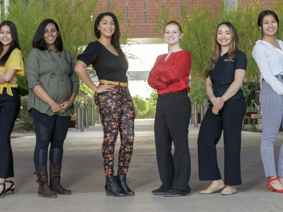 Several graduates of the Pharmaceutical Sciences program have banded together to launch a startup based on their discoveries. From left: Isobelle Santos (science team), Vani Verkhovsky (business team), Jaesa Strong (CEO), Christina Moehring (CSO), Ariana Machado (business team), Samantha Dando (business team).