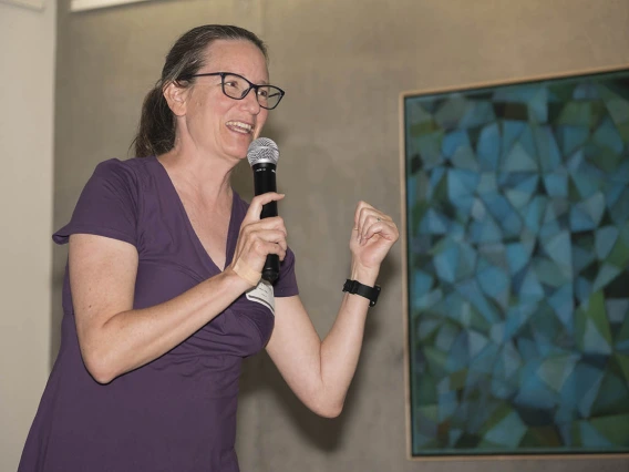 Taben Hale, PhD, an associate professor in the College of Medicine – Phoenix, talks about her research and collaboration with artist Mark Pomilio during the public opening of the Artist + Researcher exhibition.