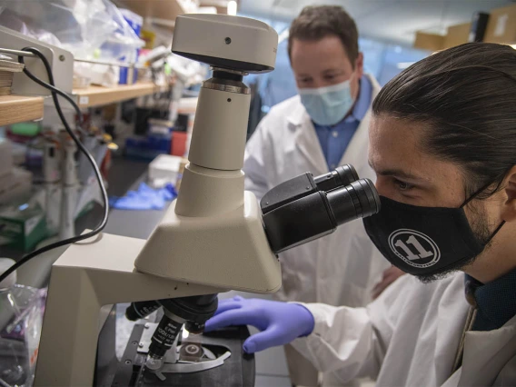 Doctoral student Corbin Jensen (right), alongside Noel Warfel, PhD, takes his research under the microscope. 