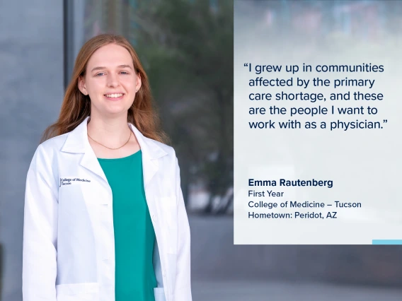 Portrait of Emma Rautenberg, a young woman with long red hair wearing a white medical coat, with a quote from Rautenberg on the image that reads, "I grew up in communities affected by the primary care shortage, and these are the people I want to work with as a physician."