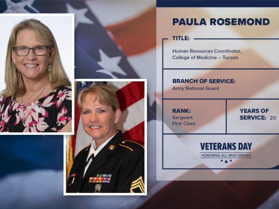 Poster with two photos of Paula Rosemond, one current and one of him in uniform. Text on image has his name and this information: "Human resources coordinator, College of Medicine Tucson. Branch of Service: Army National Guard; Rank: Sergeant First Class; years of Service: 20."