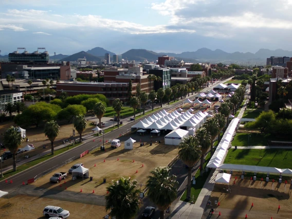 Aerial view of the University of Arizona COVID-19 vaccination Point of Distribution site in 2021