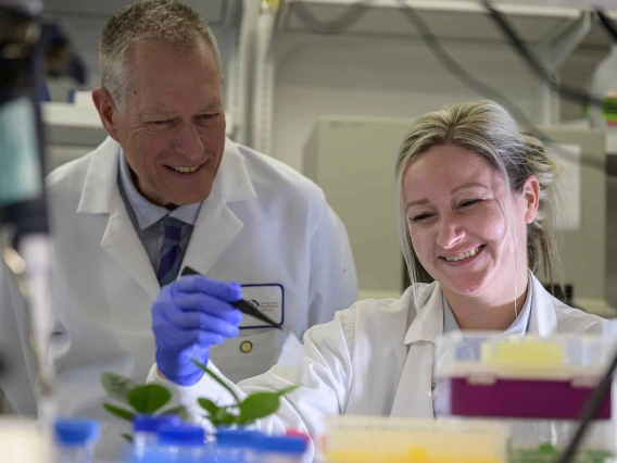 Two scientists in white lab coats look at small plants as they are surrounded by lab equipment. 