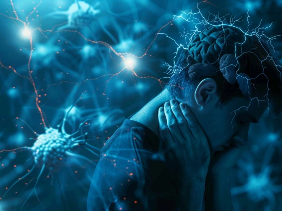 image of person holding neck in pain with illustration of neurons firing in the background