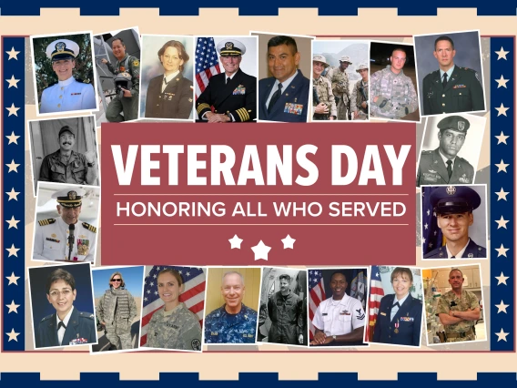 Poster with dozens of portraits of people in military uniforms. The poster text reads, “Veterans Day, Honoring all who served.”