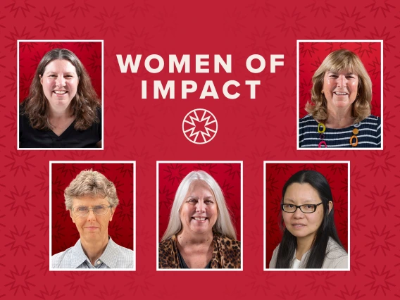 Graphic with portraits of five women on it and “Women of Impact” logo.