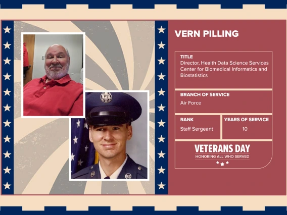 Poster with two photos of Vern Pilling, one current and one of him in uniform. Text on image has his name and this information: “Director, Health Data Science Services Center for Biomedical Informatics and Biostatistics. Branch of Service: Air Force; Rank: Staff Sergeant; Years of Service: 10."