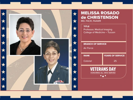 Poster with two photos of Melissa Rosado de Christenson, one current and one of her in uniform. Text on image has her name and this information: "Professor, Medical Imaging, College of Medicine – Tucson. Branch of Service: Air Force; Rank: Colonel; Years of Service: 25."