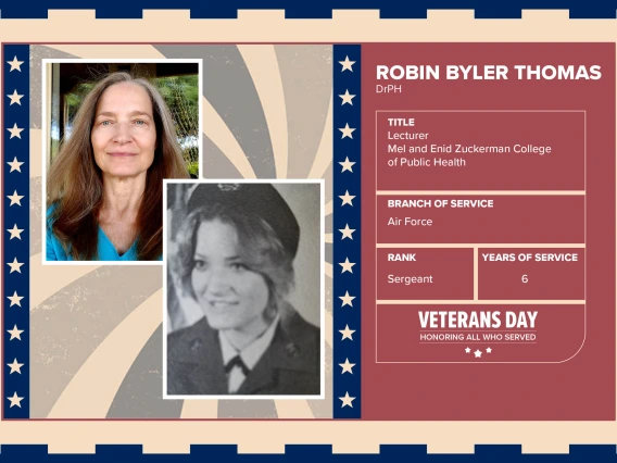 Poster with two photos of Robin Byler Thomas, DrPH, one current and one of her in uniform. Text on image has her name and this information: "Lecturer, Mel and Enid Zuckerman College of Public Health. Branch of Service: Air Force; Rank: Sergeant; Years of Service: 6."