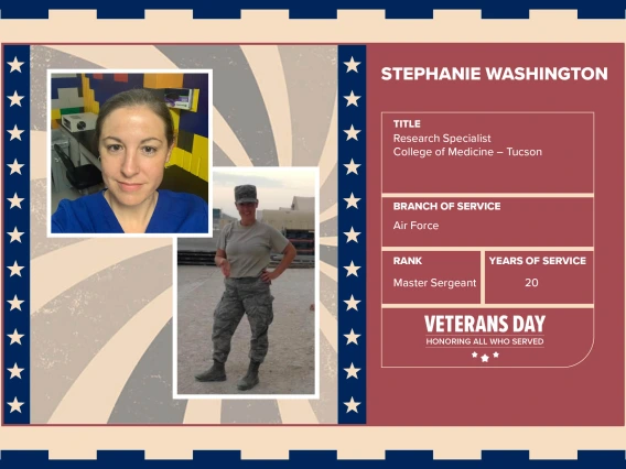 Poster with two photos of Stephanie Washington, one current and one of her in uniform. Text on image has her name and this information: "Research Specialist, College of Medicine – Tucson. Branch of Service: Air Force; Rank: Master Sergeant; Years of Service: 20."