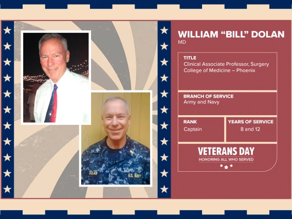 Poster with two photos of William “Bill” Dolan, MD, one current and one of him in uniform. Text on image has his name and this information: "Clinical Associate Professor, Surgery College of Medicine – Phoenix. Branch of Service: Army and Navy; Rank: Captain; Years of Service: 8 and 12."