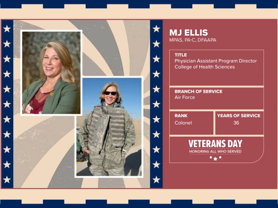 Poster with two photos of MJ Ellis, MPAS, PA-C, DFAAPA, one current and one of her in uniform. Text on image has her name and this information: "Physician Assistant Program Director College of Health Sciences. Branch of Service: Air Force; Rank: Colonel; Years of Service: 36."