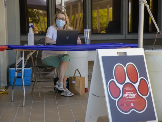 The public and first responders must check in outdoors as they arrive to receive the COVID-19 antibody test at the Clinical and Translational Sciences Research Center (CATS). The research facility is inside the College of Medicine – Tucson.