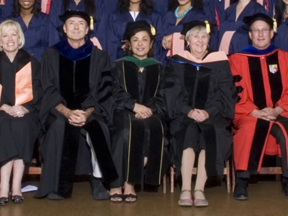 2009 Mel and Enid Zuckerman College of Public Health convocation. From left: Chris Tisch, assistant dean of student and alumni affairs; Duane Sherrill, PhD, associate dean of research; Dean Iman Hakim, MD, PhD, MPH; Jill de Zapien, program director in the Health Promotion Sciences Department; Douglas Taren, PhD, director of the Western Region Public Health Training Center.