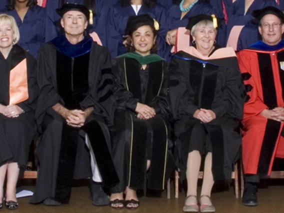 2009 Mel and Enid Zuckerman College of Public Health convocation. Five of the 15 “originals” from left: Chris Tisch, assistant dean of student and alumni affairs; Duane Sherrill, PhD, associate dean of research; Dean Iman Hakim, MD, PhD, MPH; Jill de Zapien, program director in the Health Promotion Sciences Department; Douglas Taren, PhD, director of the Western Region Public Health Training Center.