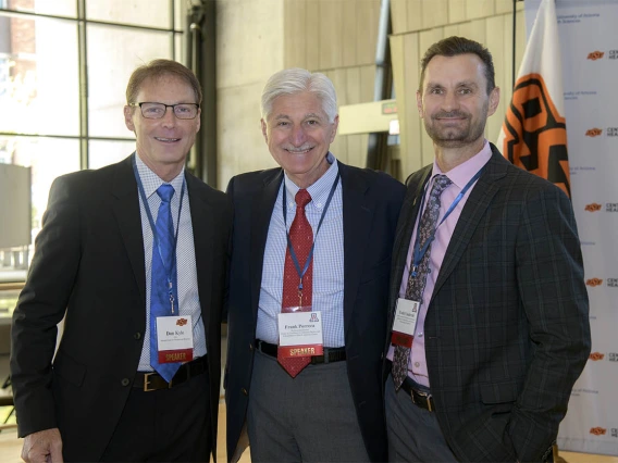 A new partnership between academic medical centers at the University of Arizona and Oklahoma State University involves sharing research assets and knowledge, as well as the preclinical and clinical expertise gleaned from years of research and treatment by scientists and clinicians at both academic medical centers. From left: Todd Vanderah, PhD, Frank Porreca, PhD, Michael D. Dake, MD, Kayse Shrum, DO, Robert C. Robbins, MD, Johnny Stevens, PharmD, Don Kyle, PhD.