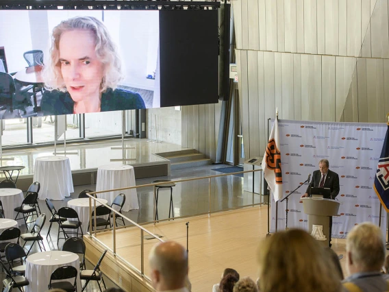 Nora D. Volkow, MD, director of the National Institute on Drug Abuse at the National Institutes of Health, virtually visited the Health Sciences Innovation Building with pre-recorded comments supporting the new partnership.