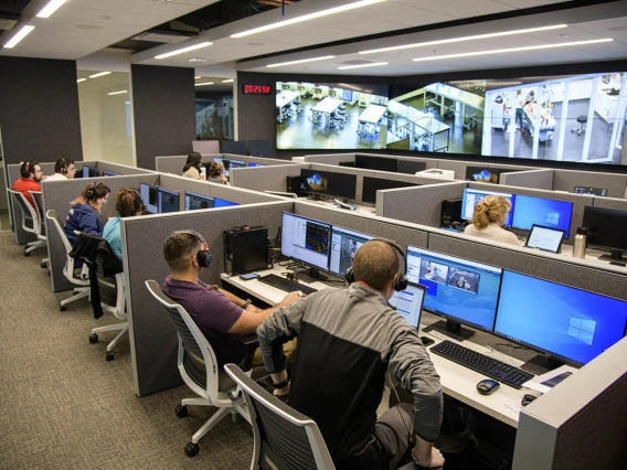 From an adjacent control room, SimDeck participants are observed on monitors.