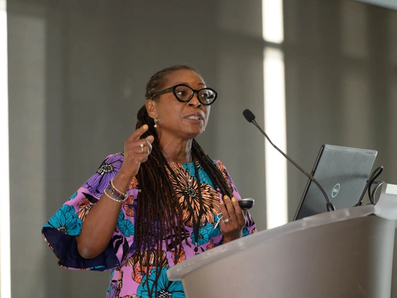 Amanda Sokan, PhD, MHA, LL. B, an assistant professor of practice in the Mel and Enid Zuckerman College of Public Health, spoke to attendees at the Feast for Your Brain event about the college’s Student Ambassador Program.