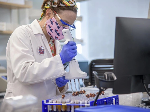 Barbara Fransway, manager of University of Arizona Genetics Core Research Services, transfers blood serum into testing plates.