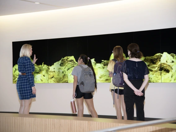 Students touring the Health Sciences Innovation Building view “Gold Waves,” a video art installation on the second floor.