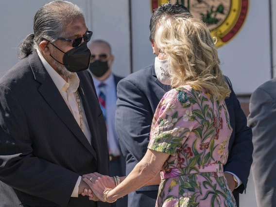 Ned Norris Jr., (left) chairman of the Tohono O'odham Nation, welcomes first lady Jill Biden, EdD, as she visits the San Xavier Health Center in the San Xavier District of the Tohono O'odham Nation on March 8, 2022.