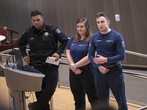 Jesus Aguilar, public information officer and crime prevention specialist, UArizona Police Department; Brittany Wright, continuous quality improvement officer and 911 response supervisor, UArizona Emergency Medical Services; and Jacob Robishaw-Denton, deputy chief of operations, UArizona EMS were part of the Drug Survival 102 panel event.