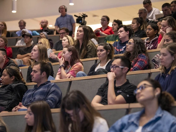 Students listen to Drug Survival 102 panelists speak about the response to the opioid overdose crisis. 