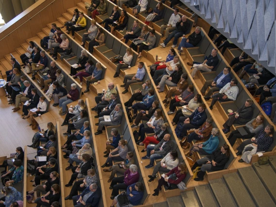 Hundreds of Health Sciences faculty and staff attend a town hall with Michael D. Dake, MD, senior vice president for Health Sciences, in January 2020.