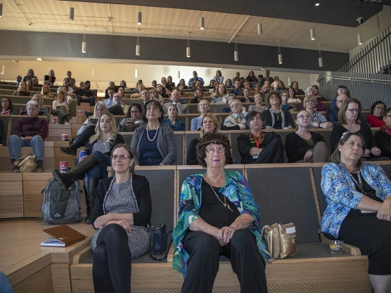 The audience packed the Forum of the Health Sciences Innovation Building for the town hall event in Tucson, Jan. 28, 2020.