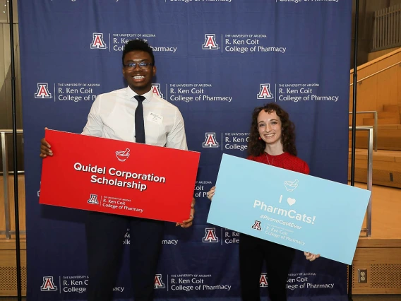 Brielle Edwards (right), a student at the University of Arizona R. Ken Coit College of Pharmacy, was one of five UArizona Health Sciences Quidel Ortho Global Scholarships recipients. Derrick Nwobodo (left), also a  Coit College of Pharmacy student, received a QuidelOrtho Global Scholarship last year.