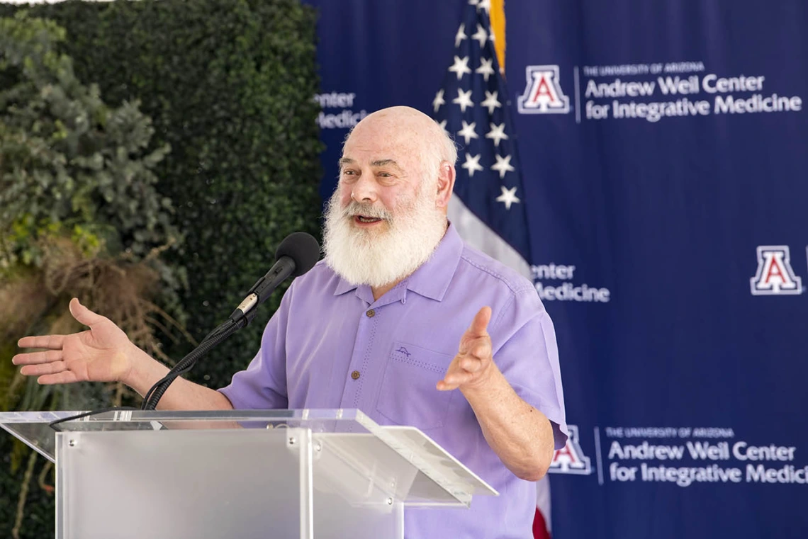 Andrew Weil, MD, speaks to more than 150 people who gathered for the groundbreaking ceremony for the Andrew Weil Center for Integrative Medicine, which he founded in 1994 as part of the College of Medicine – Tucson. 