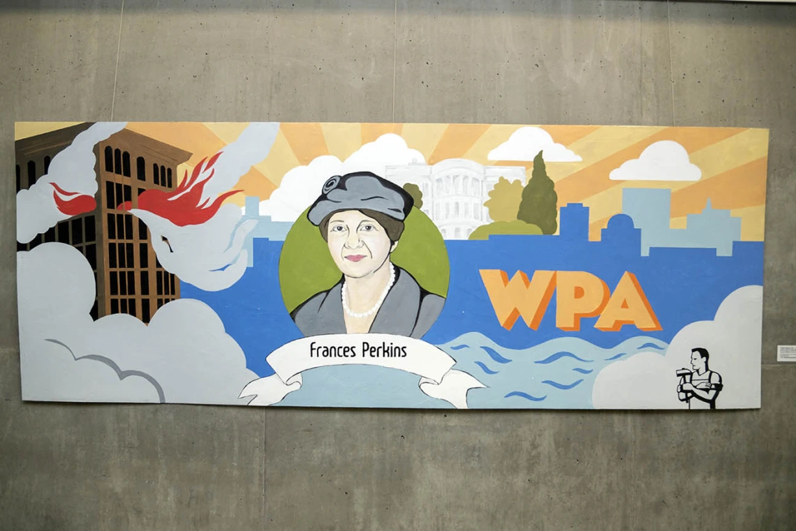 Frances Perkins (1880-1965) — Frances Perkins was a workers-rights advocate appointed by President Franklin Delano Roosevelt to serve as the U.S. Secretary of Labor from 1933-1945. She helped institute the shorter work week, the establishment of a minimum wage, the prohibition of child labor, workplace safety codes and social security. (Acrylics on plaster and wood, by Suzanne Whitaker and Lainey Prather)