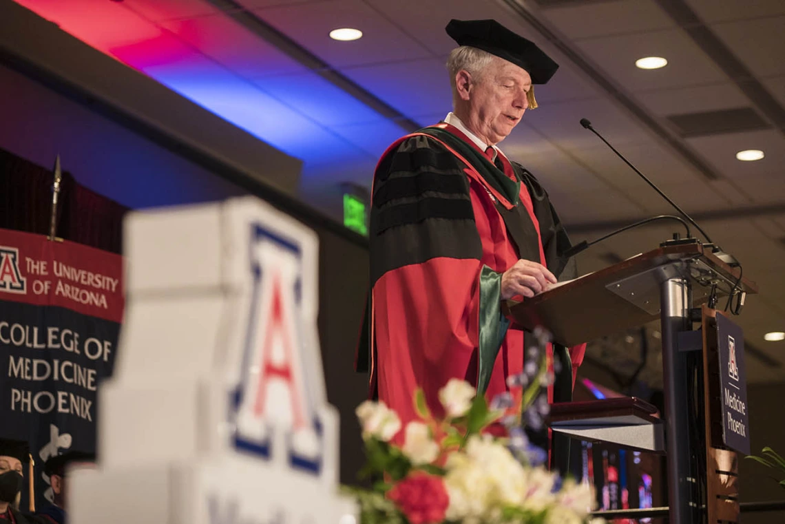 UArizona Colleege of Medicine – Phoenix Dean Guy Reed, MD, MS, addresses the class of 2022 during their commencement ceremony.