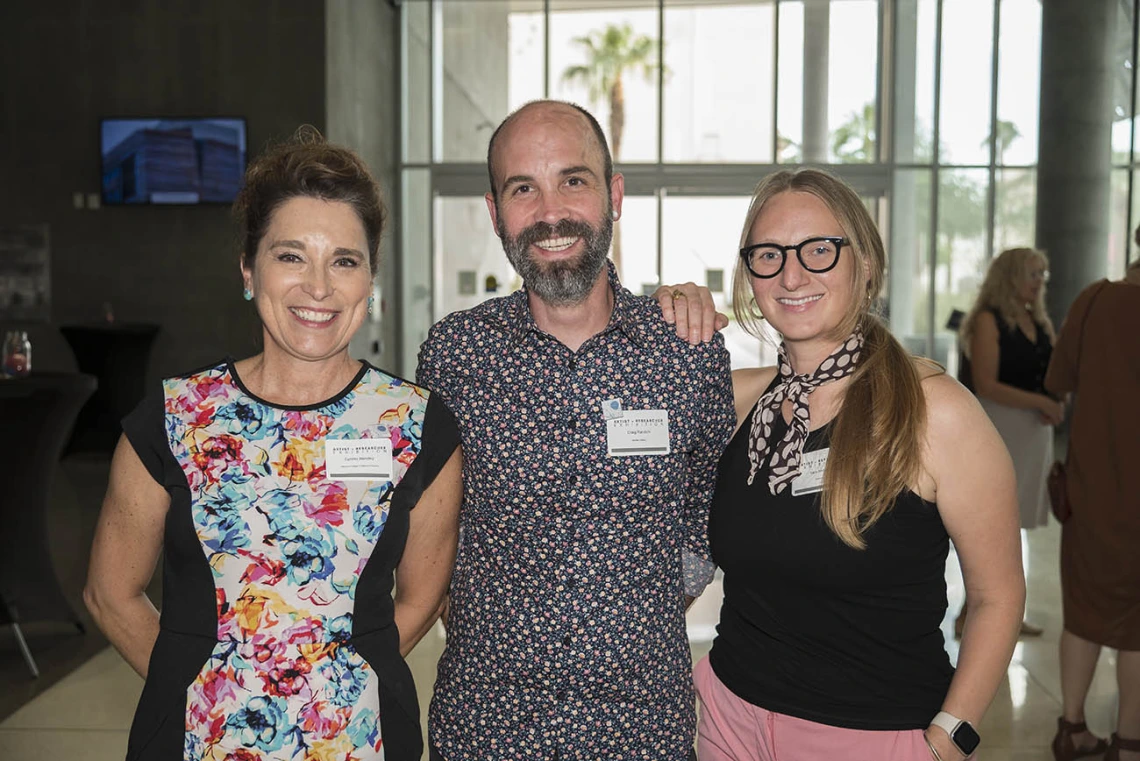 (From left) Professor Cynthia Standley, PhD, a professor in the Department of Bioethics and Medical Humanism and director of the College of Medicine – Phoenix Art in Medicine program; Craig Randich, director of the Bentley Gallery; and Sara Anderson, a consultant with the Phoenix Bioscience Core, were instrumental in the creation of the Artist + Researcher exhibition.