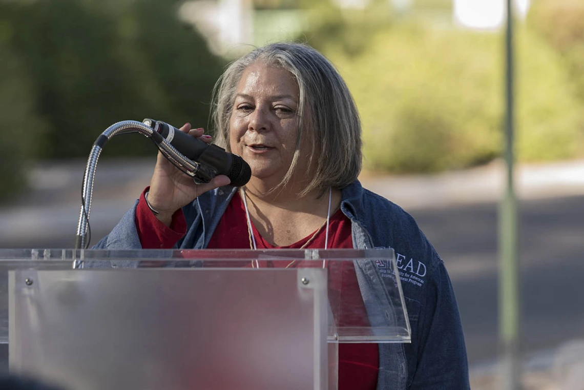 Teshia G. Arambula Solomon, PhD, associate professor, Family and Community Medicine, speaks during the renaming ceremony for what is now the Wassaja Carlos Montezuma Center for Native American Health.