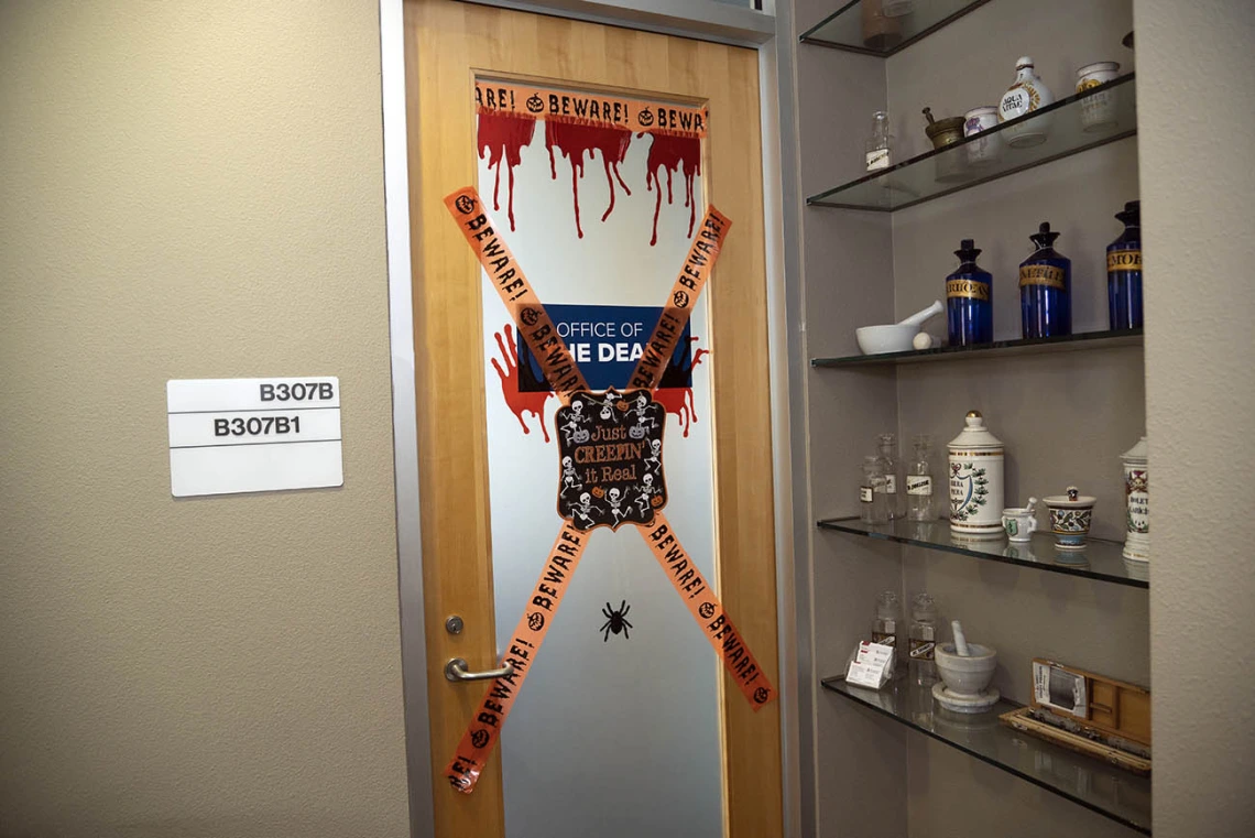 Dean Rick Schnellmann, PhD, is “Just Creepin’ it Real” this Halloween in his office at the R. Ken Coit College of Pharmacy. 