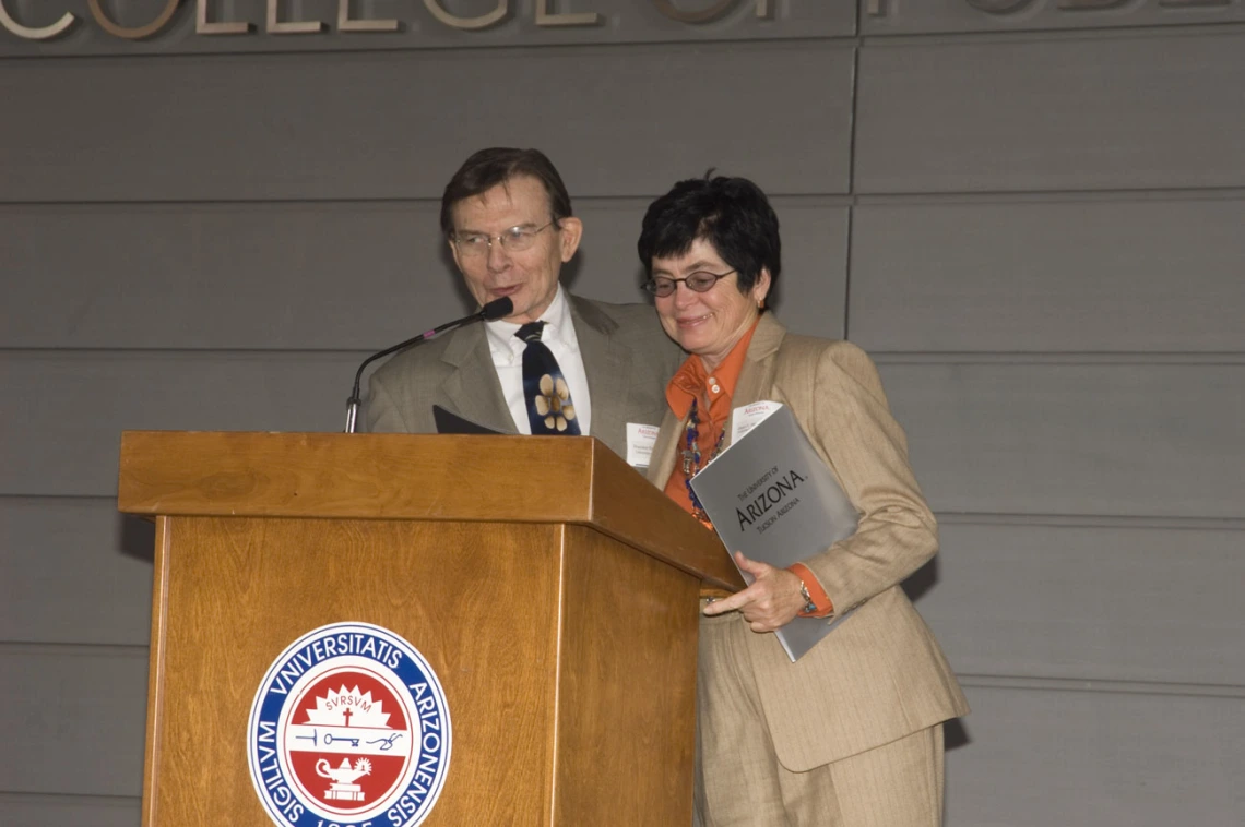 University of Arizona President Peter Likins, PhD, and Dean G. Marie Swanson, PhD, MPH, speak at the 2006 grand opening of Roy P. Drachman Hall.