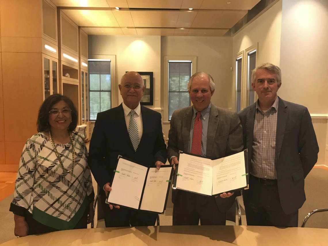 A visit to Gulf Medical University, Ajman, United Arab Emirates, in 2018. Pictured from left: Dean Iman Hakim, MD, PhD, MPH; Gulf Medical University Chancellor Hossam Hamdy; UArizona President Robert C. Robbins, MD; Brent White, JD, dean of UArizona Global Campus and vice provost for Global Affairs.