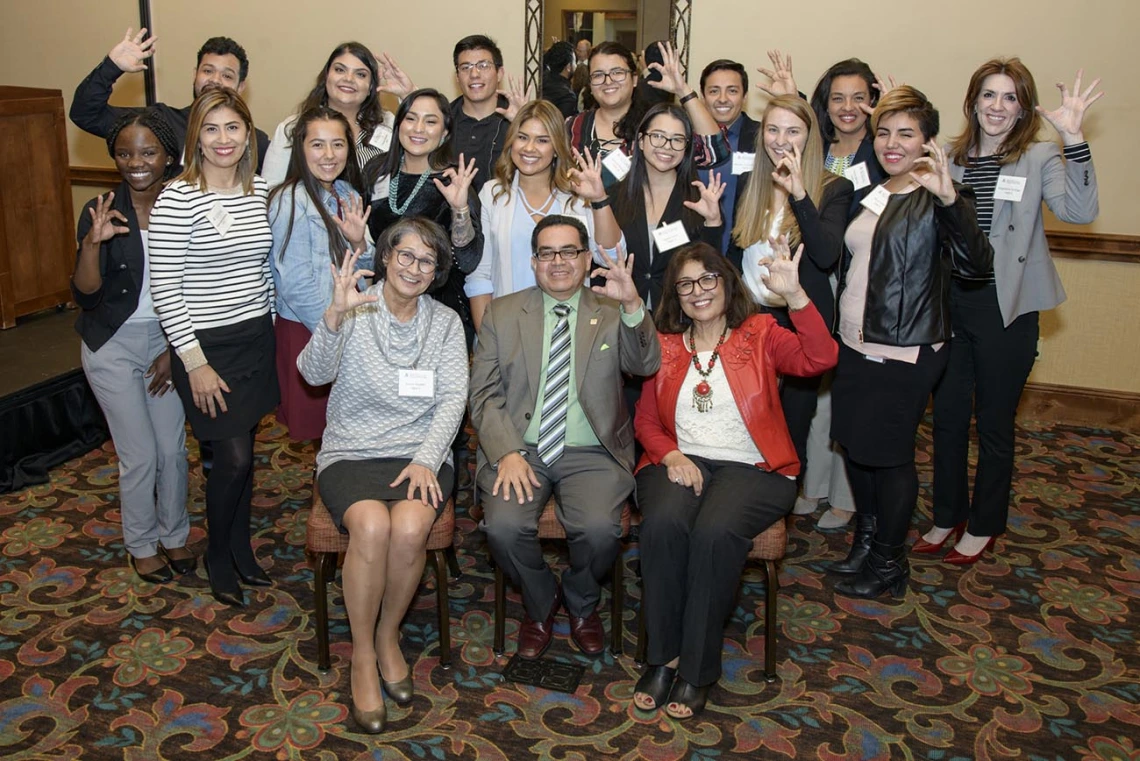 2018 scholarship recipients pose with professor Cecilia Rosales, MD, David Adame, president and chief executive officer of Chicanos Por la Causa and Dean Iman Hakim, MD, PhD, MPH.