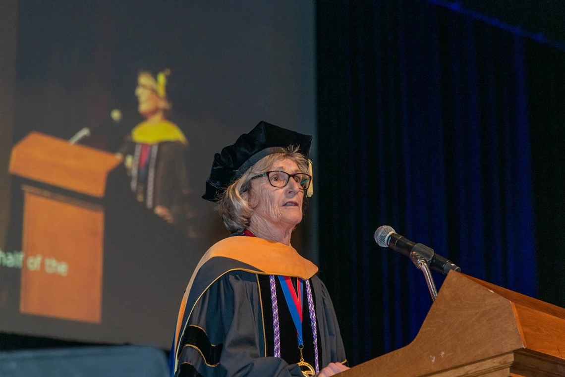 Ki Moore, PhD, RN, FAAN, dean of the College of Nursing, speaks during the commencement ceremony at Centennial Hall.