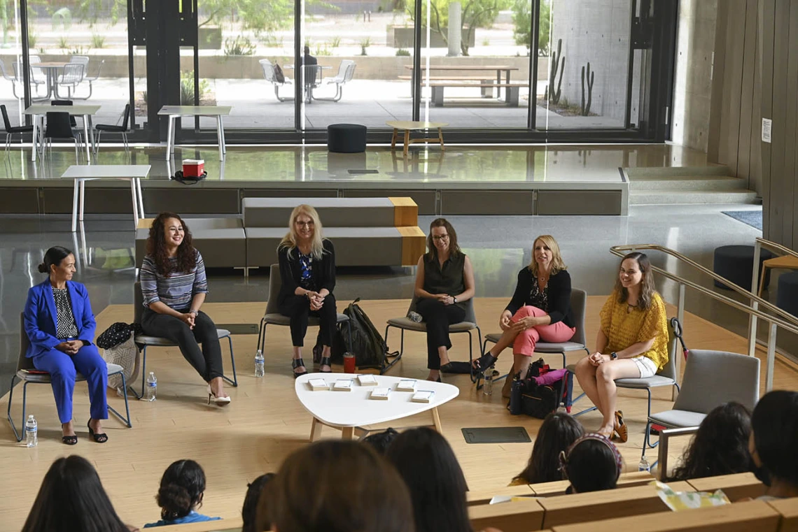 ACES campers participated in a panel discussion with Health Sciences and other faculty and staff, who talked about their career paths. Panelists from the left: Velia Lebyas-Nuno, PhD, MSW, Mel and Enid Zuckerman College of Public Health; Michelle Ortiz, PhD, College of Medicine – Tucson; Janine E. Hinton, PhD, MN, RN, CHSE, College of Nursing; Kate Worthing, PhD, College of Veterinary Medicine; Jenene Spencer, PharmD, College of Pharmacy; Zelieann R. Craig, PhD, BIO5 Institute.