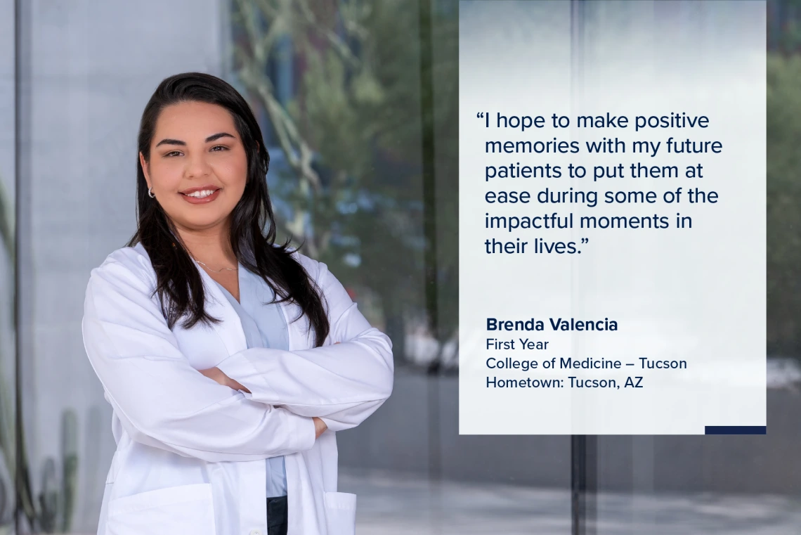 Portrait of Brenda Valencia, a young woman with long dark hair wearing a white medical coat, with a quote from Valencia on the image that reads, "I hope to make positive memories with my future patients to put them at ease during some of the impactful moments in their lives."